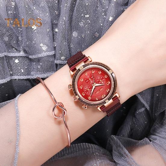 

Женские кварцевые часы с круглым циферблатом, трехглазым магнитным ремешком для проверки времени, высокоточные женские повседневные наручные часы, часы для свиданий красный