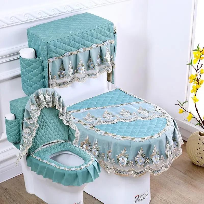 Lace 3D Embroidered Toilet Three Piece Set U-shaped Zipper Closestool Cover with Storage Bag Feather Wave Edge Dust Cushion