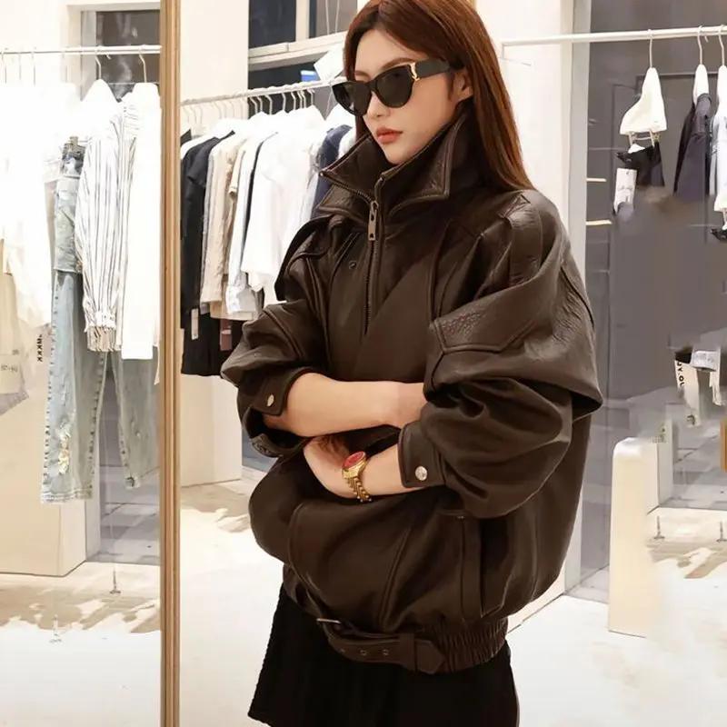 Jaqueta Feminina de Couro PU Oversized Outono Primavera Manga Longa com Zíper Luxuosa Designer Retro Roupas Chique Street locomotive Roupa Exterior