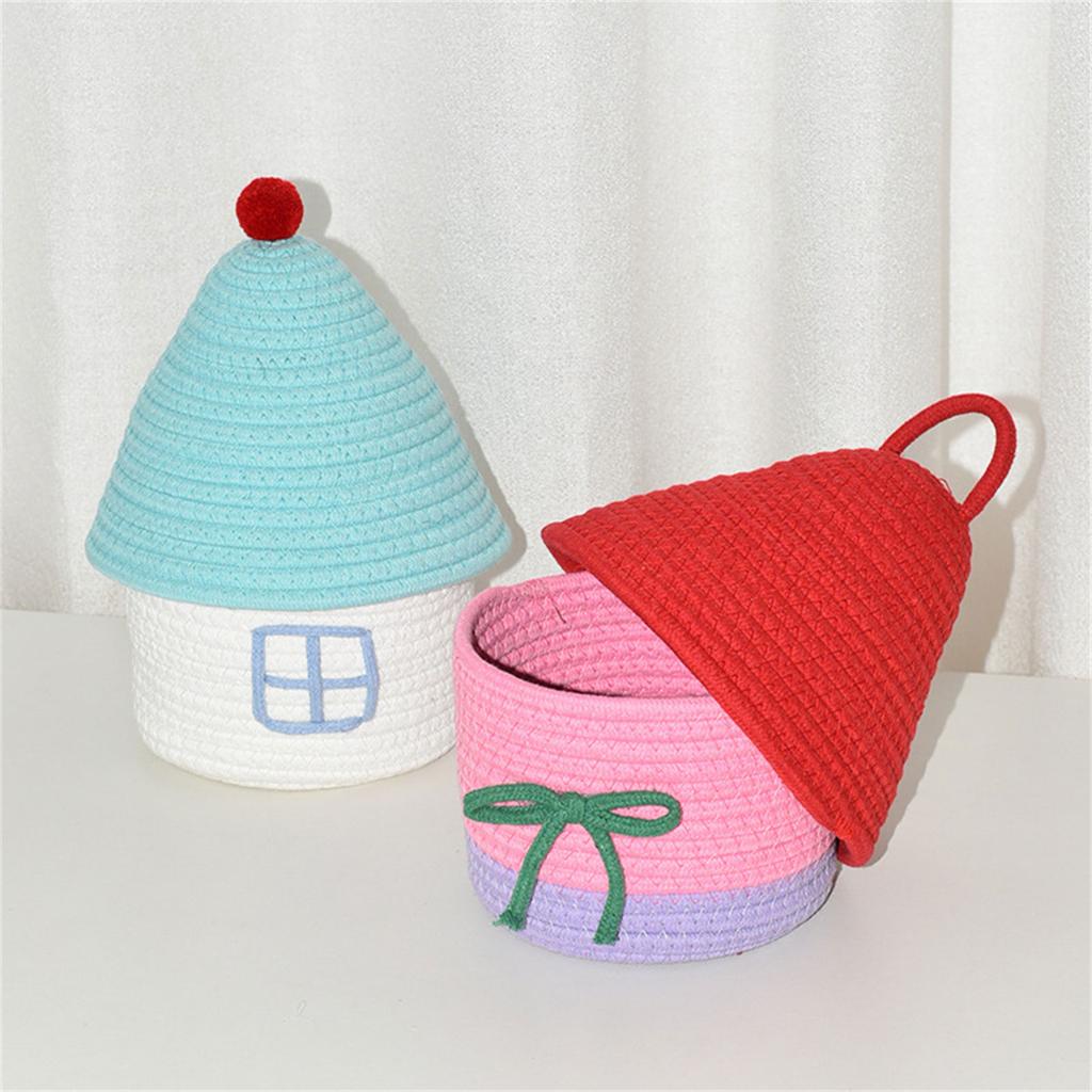 Lovely Sturdy Cotton Thread House Shape Storage Box Home Accessory for Snacks and Cosmetics with Dustproof Lid Designs