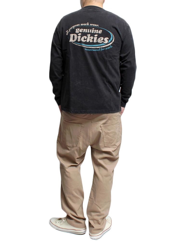 GENUINE DICKIES Men's Long Sleeve T-Shirt, Powder Bleached Print, Crew Neck, Size 4L, Black (50)
