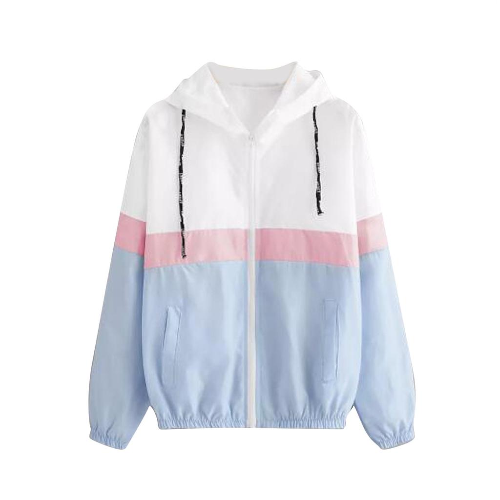 Womens  Long-sleeved Hooded Zipper  Stitching Contrast Color Windbreaker Coat