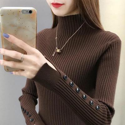 Herbst und Winter, halber Stehkragen, dicker, schlanker Hemdpullover mit Knopf und geteilten Ärmeln