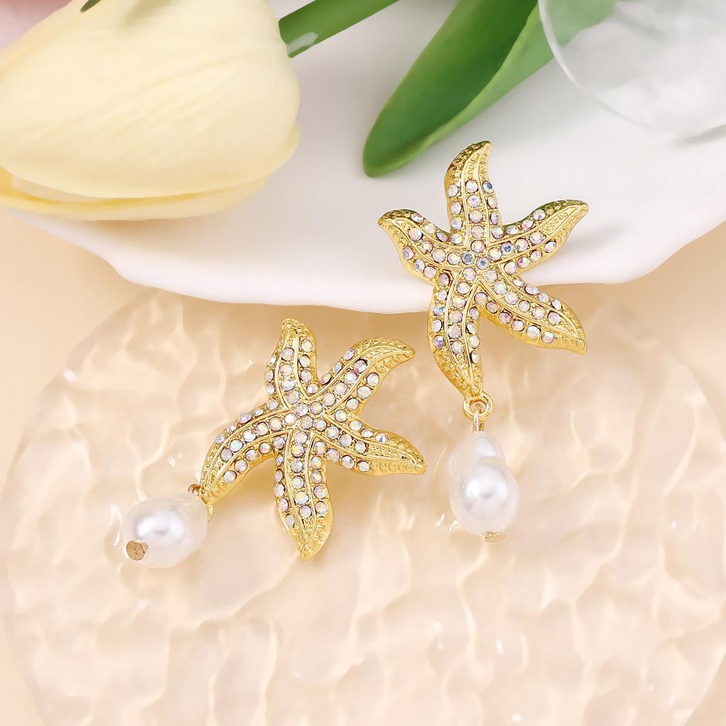 Fashion Ocean Wind Diamond Trend Colorful Starfish Ears, Imitation Pearl Pendant Beach Resort Wind Earrings