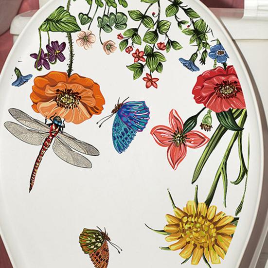 Samolepky na záchodové víko Samolepící PVC obtisky Vinyl Umělecká dekorace Kreativní květina Tráva Motýl Vážka Samolepky na zeď Odnímatelná koupelna