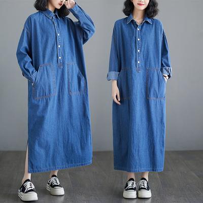 Plus Size Autumn Women Denim Dress Casual Vintage Loose Oversized Dress Long Sleeve Basic Solid Blue