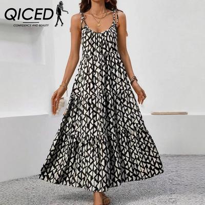 Summer Spring Sleeveless Suspenders Women's Triangle Print Halter Dress Cake Skirt