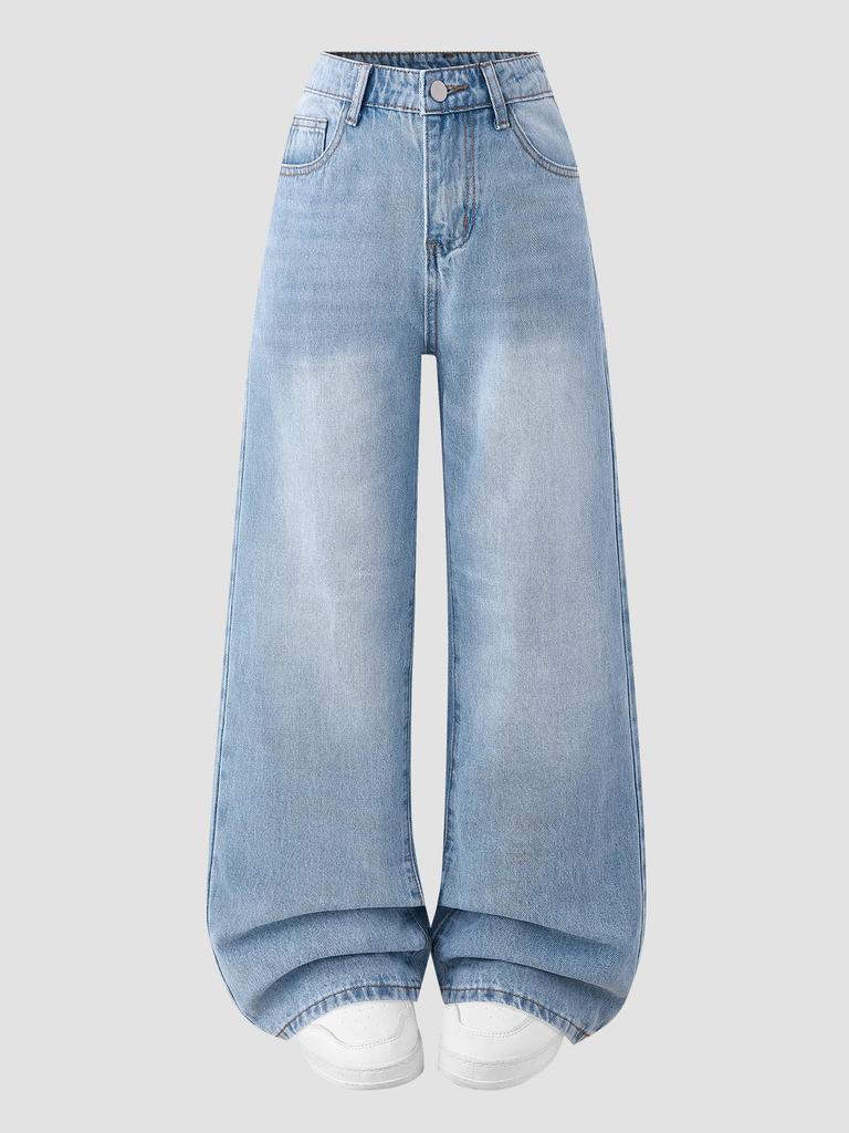 Teen Girls' Adjustable Waist High-Waisted Wide-Leg Jeans - Simple Design