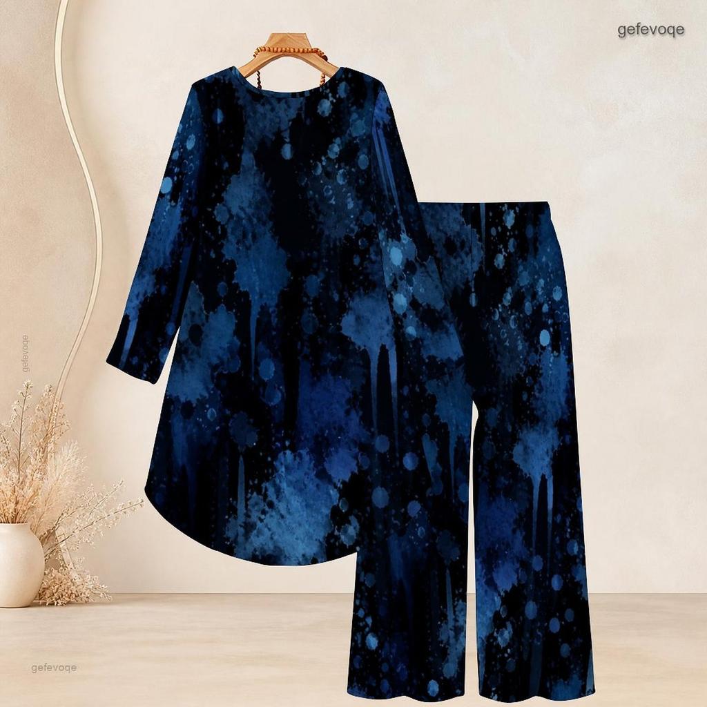 Women Plus Size Two Piece Set Round Neck Long Sleeve Printed High Low Top Wide Leg Pants