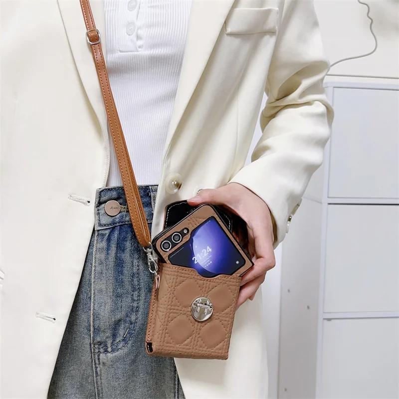 2 in 1 Crossbody Bag Phone Case for Samsung Galaxy Z Flip 7 6 5 4Flip6 Flip5 Flip4 Shoulder Pouch Necklace Strap Leather Cover