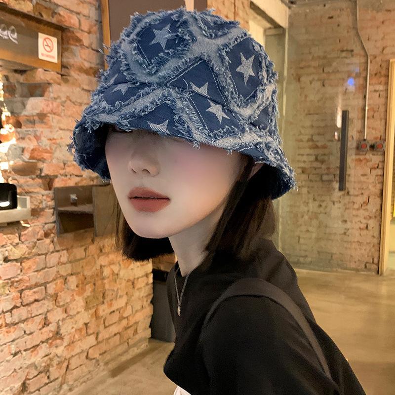 Rough Star Denim Bucket Hat Women's Blue Niche Design Sense Basin Hat Big Head Circumference Shows Face Small Bucket Hat Tide