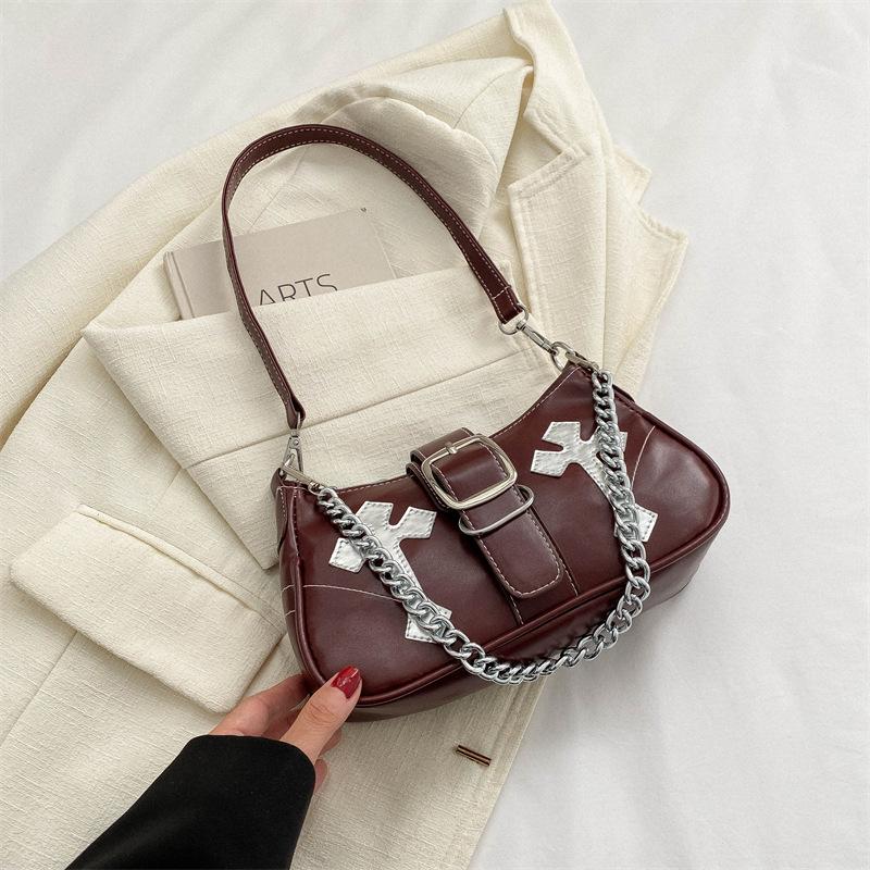 Cool Chain Girls Underarm Bags Simple Pu Leather Women's Small Shoulder Bag Fashion Retro Female Clutch Handbags Purse ARI