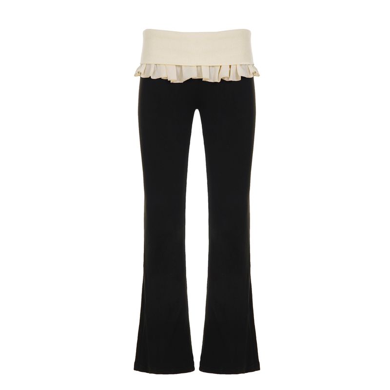 European and American Women's Clothing Street Chaoer Contrast-Color Ruffled Fake Two-Piece Bell-Bottom Pants Silm Slim Looking Casual Knitted Trousers