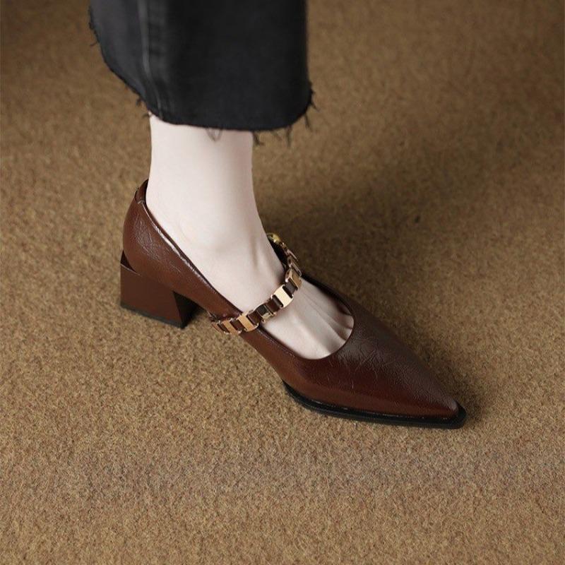 2025 Nowa Moda Szpiczasty Nosek Płytkie Wycięcie Metalowy Łańcuch Jednoguzikowe Antypoślizgowe Odporne na Ścieranie Kwadratowy Obcas Pojedyncze Buty