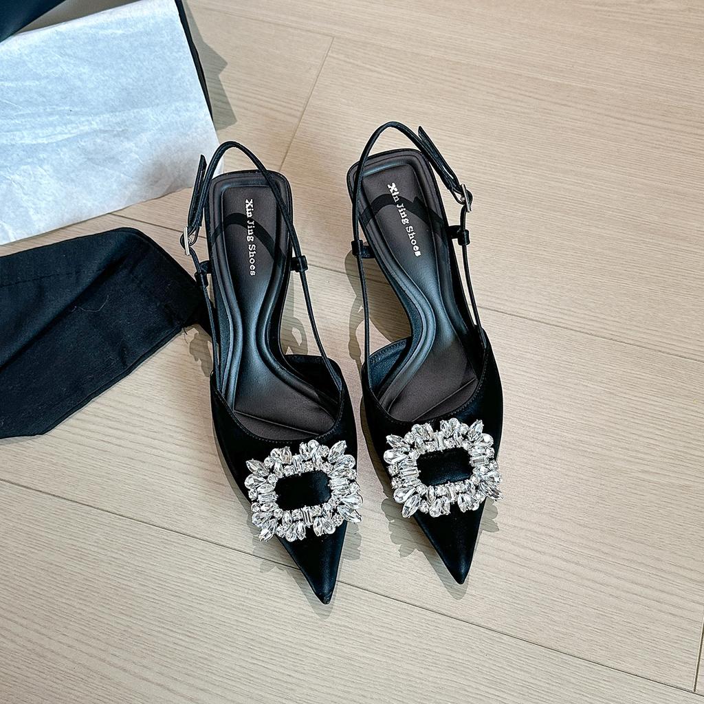 623-3 Rhinestone thin heel sandals women's new pointed rhinestone flower back empty fairy style high heels women's shoes