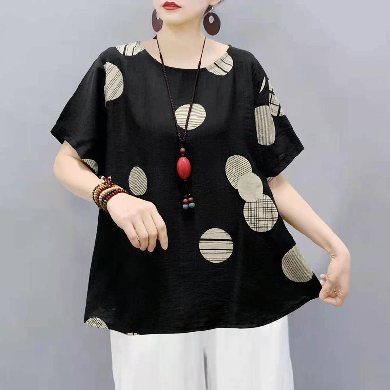Chinese Women's Chinese Style T-shirt Long-sleeved Loose Cotton Short-sleeved Summer Blouse Ethnic Style