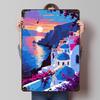 Santorini Sunset Illustration Tinplate Poster Customized Wall Art Vintage Metal Signs Retro Tin Plaque for Decoration Bedroom