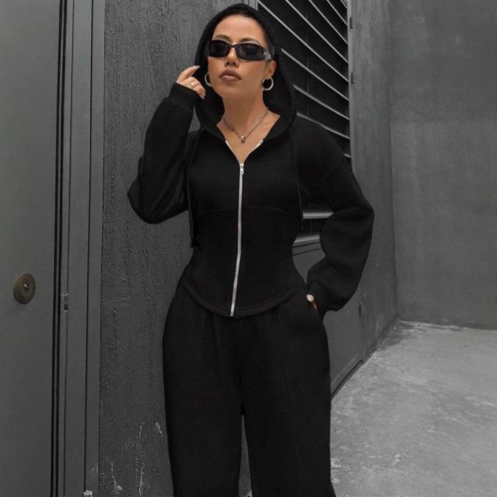 Europe, America, Autumn and Winter Fleece Hooded Cardigan Slim Sweater Wide-leg Pants Two-piece Set