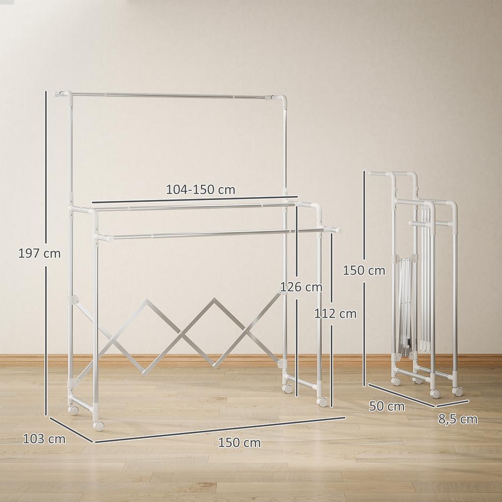 Clothes Drying Rack, Foldable Standing Dryer with 3 Adjustable Rails, Stainless Steel Tower Drying Rack on Wheels, for Indoor and Outdoor