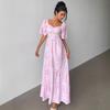 New Long Dress, Summer Idyllic Fashion Elegant Printed Long Square Neck Bubble Sleeve Dress