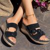 Women's Retro Flower Decor Wedges Sandals Plus Size Comfort Non Slip Beach Slippers Thick Sole Chunky Platform Roman Sandals