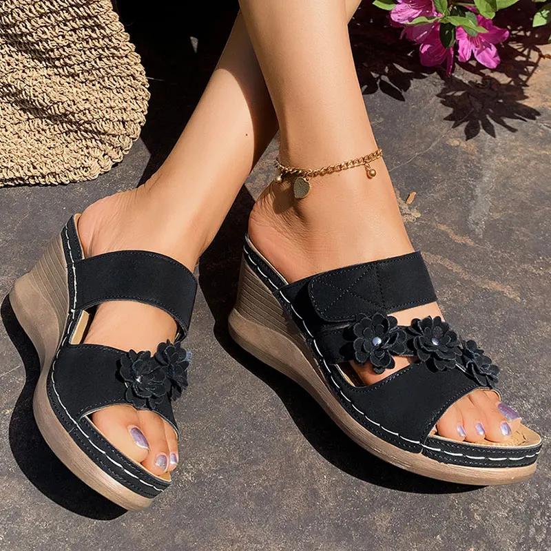 Women's Retro Flower Decor Wedges Sandals Plus Size Comfort Non Slip Beach Slippers Thick Sole Chunky Platform Roman Sandals