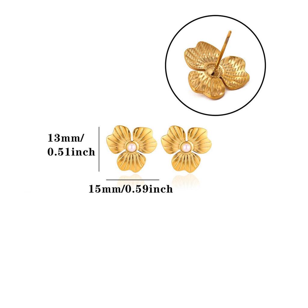 Cross Retro Pearl Temperament Earrings - 18K Gold Plated Stainless Steel with Diamond Inlaid Mother-of-Pearl Heart Bow Design