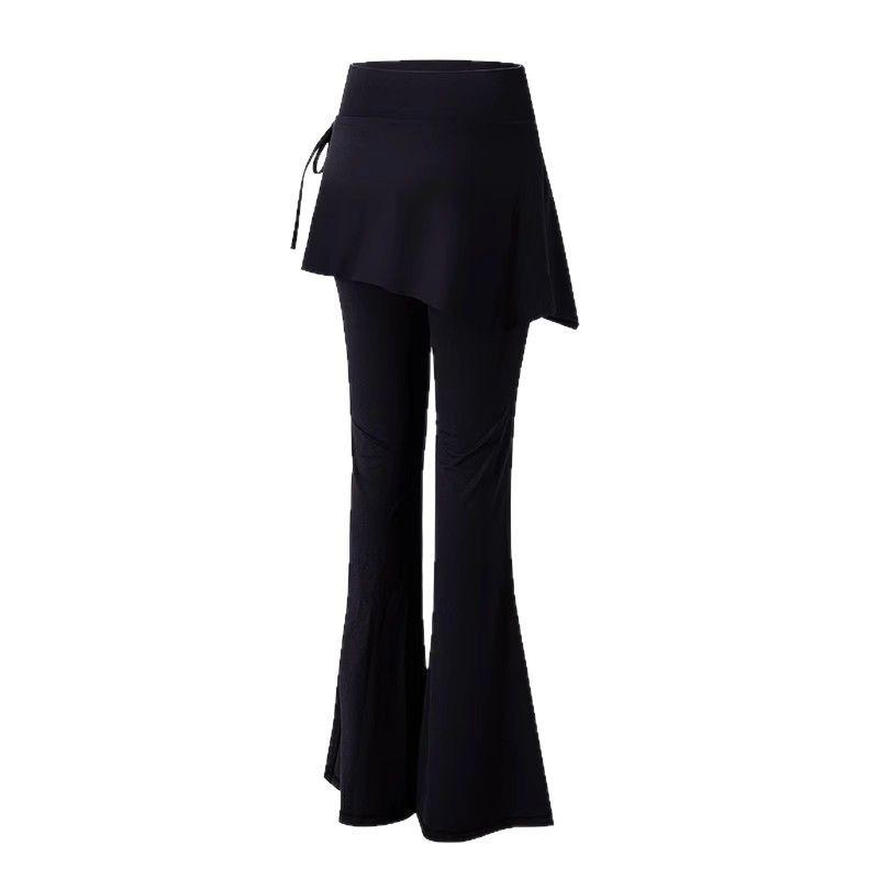 Women's High Waist Slim Fit Flared Yoga Pants - Faux Two-Piece Style with Side Drawstring for Hip Coverage