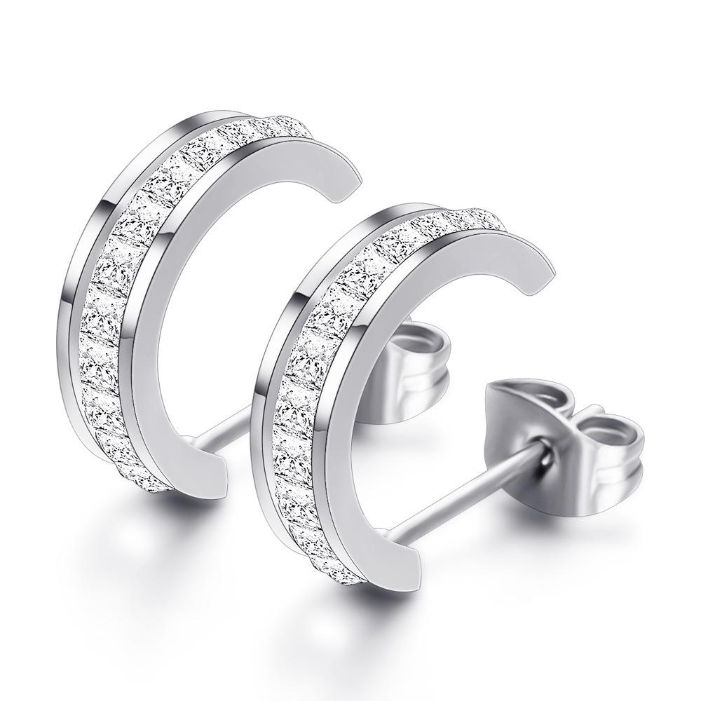 Fashionable European 14MM C-Shaped Zircon Stud Earrings, 2MM Stainless Steel, Versatile and Stylish for Women