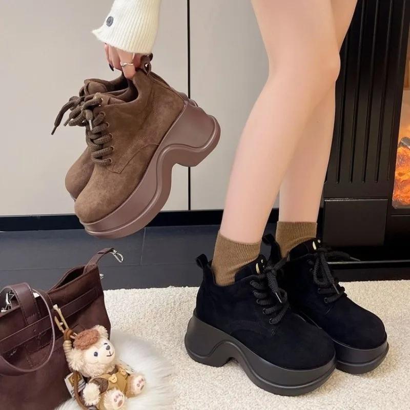 Fashion Retro New Women's 2025 Round Toe Suede Front Lace-Up Casual Platform Non-Slip High-Top Single Shoes