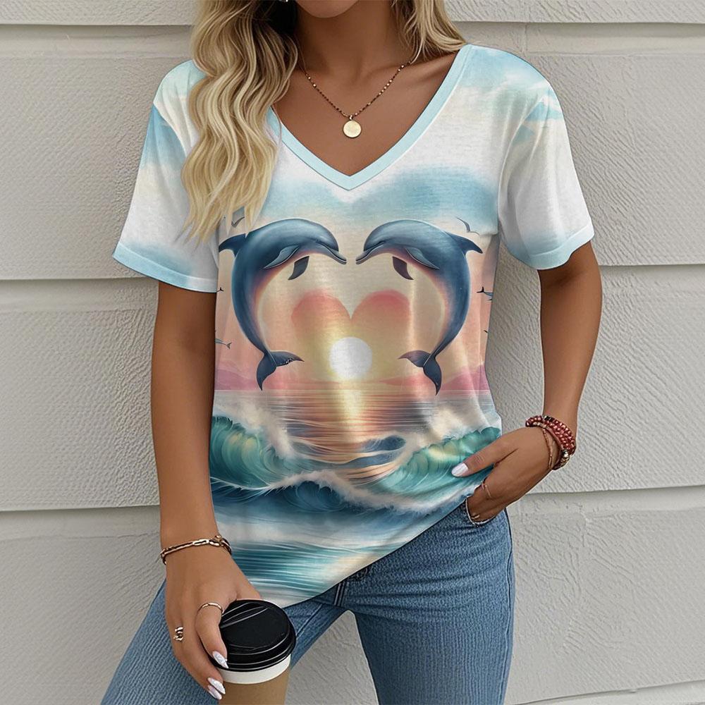Women's T-Shirt Oversized Retro Printed Short-Sleeved V-Neck Fashion Casual Top Street Breathable Summer Women's Clothing