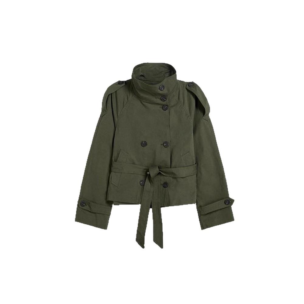 Women's Short Trench Coat with High Collar, Blue Denim Jeans, and Brown Crossbody Bag, Casual Chic Outfit