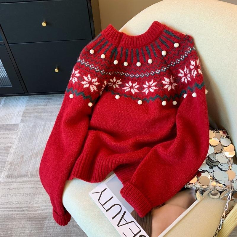 Christmas Atmosphere Red Jacquard Sweater Women's Spring New Retro Lazy Wind Knitted Sweater Top