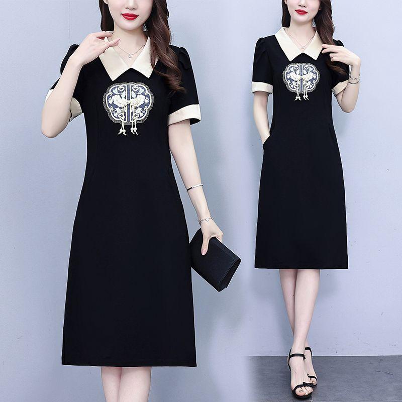 Sommer Schlank Chinesisches Stickerei Kleid Figurbetont Midi Bauch kaschierend Jugendlich Stilvoll