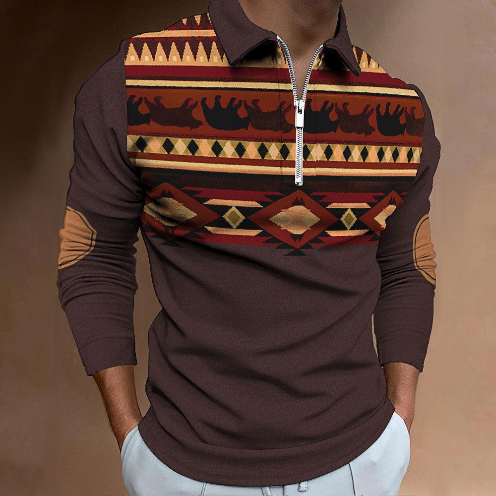 Mens Long Sleeve Lapel Casual Zip Fashion Digital Printed Polo Shirt Top