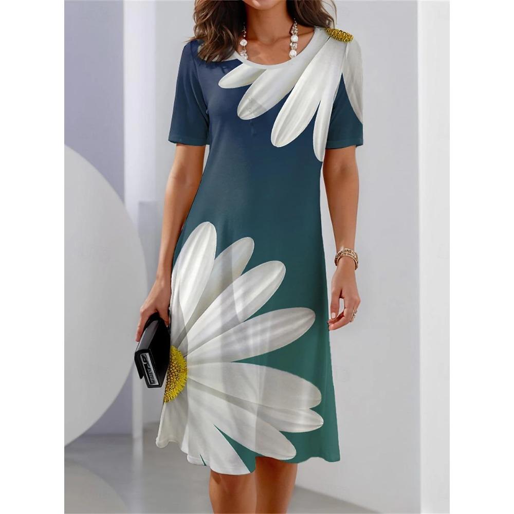 Women's Casual Dress Summer Retro Style Round Neck Short Sleeved Floral Print Comfortable Fashion Daily