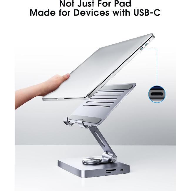 BYEASY iPad Stand, Laptop Docking Station, 8 in 1 iPad USB C Hub, Type-C Tablet Stand with HDMI, 3.5mm Jack, LAN, 100W PD Charging, 2*USB 3.0, SD/TF