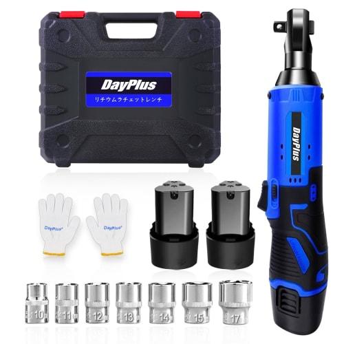DayPlus Electric Ratchet Wrench, 12V Cordless, Multi-Function Socket, Max Torque 40Nm, Dual-Reverse Operation, 10/11/12/13/14/15/17mm Impact Sockets,