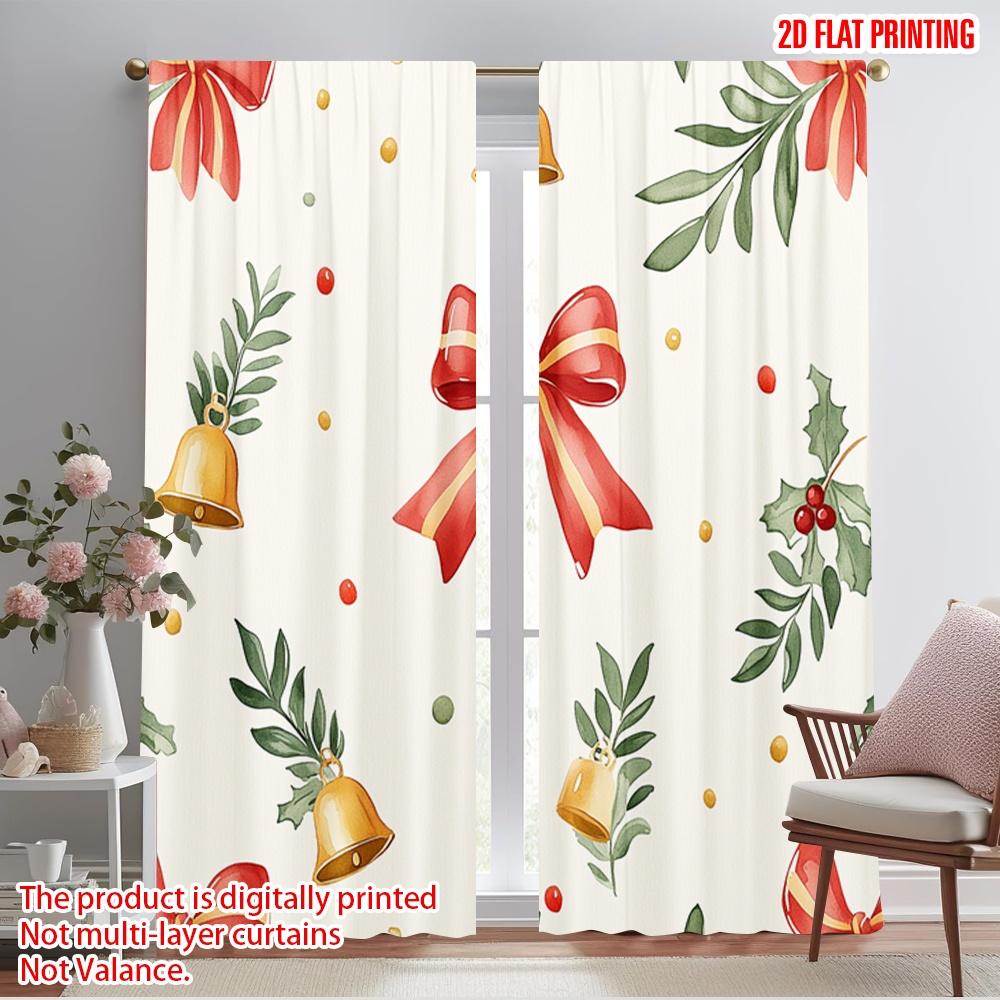 2pcs,2D Plane Printing Window Curtain Christmas Bells Holly Berries Baubles (3) Durable Polyester (without Rod) Decorations