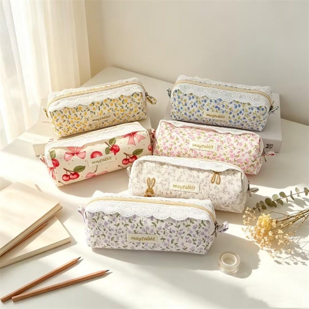 Cotton Pencil Pouch Zipper Stationery Pouch Portable Floral Pencil Case Office Stationery