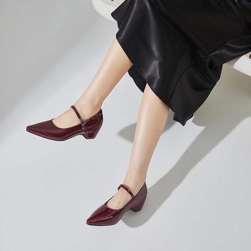 Heightened Inner Retro Block Heel Shallow Single Shoes Women's New Pointed Toe Shallow Mouth One Strap Mary Jane Shoes