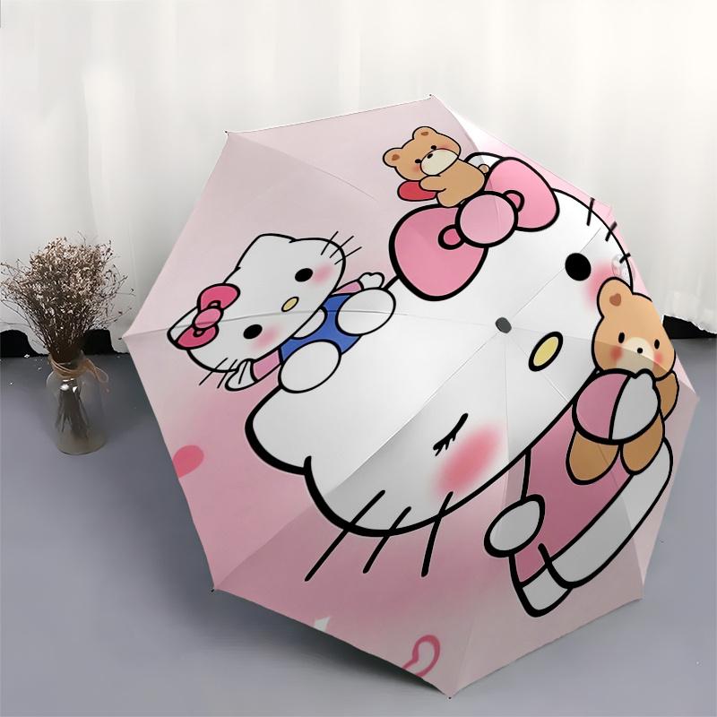 Hello Kitty,Bow Automatic Folding Umbrella-Simple 8-Rib Design, Bright Cartoon Pattern, Durable Iron Frame, Suitable For Travel, Outdoor, Be