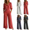 Women's Polka Dot Jumpsuit Casual Vacation One Piece Outfit Wide Leg Elastic Waist 3/4 Sleeve V Neck Button Front