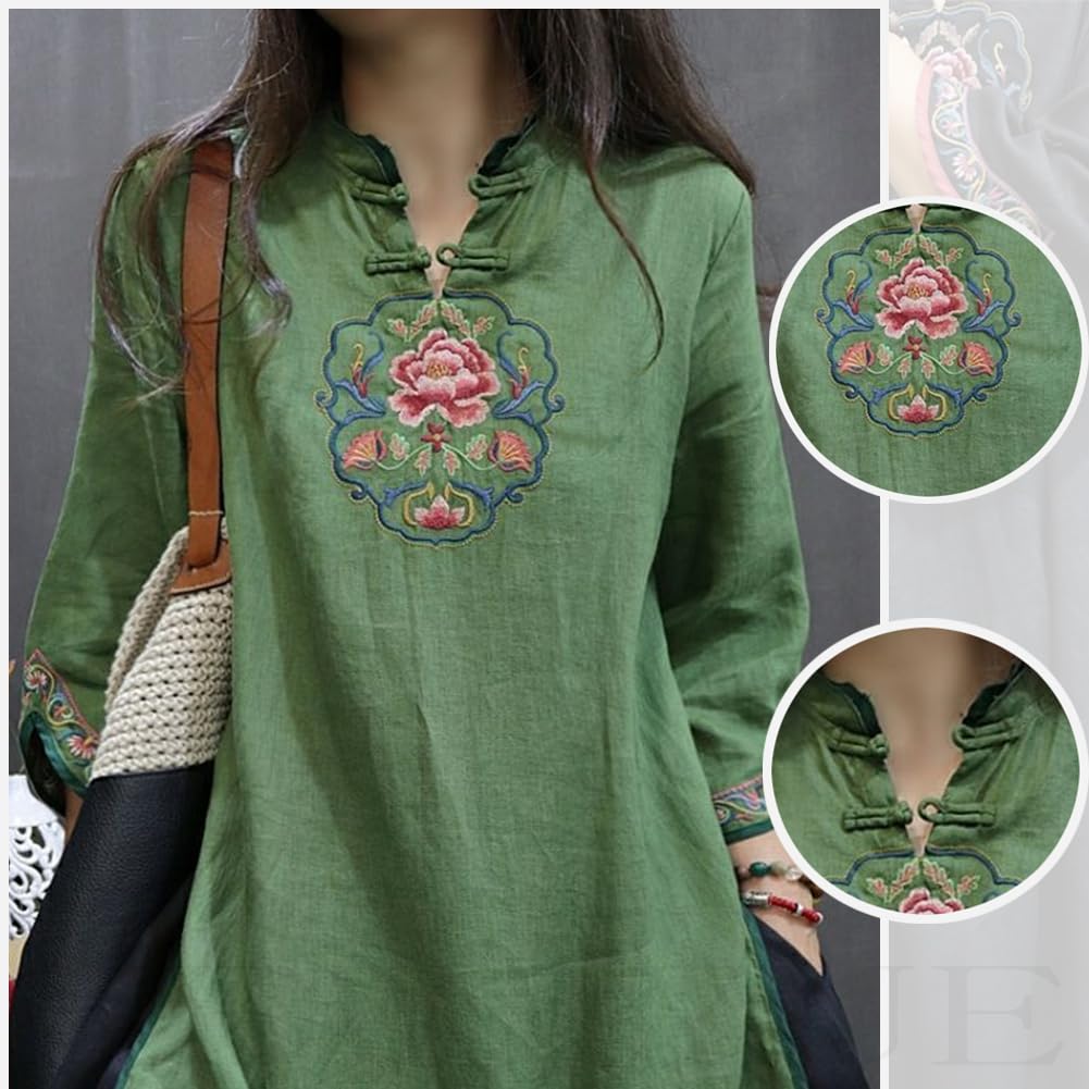 KEWJYUE Chinese Style Long Sleeve Stand Collar Cheongsam Embroidery Solid Color Lightweight Shirt Loose Everyday Wear Women's Cotton-Linen Dress, Fit,