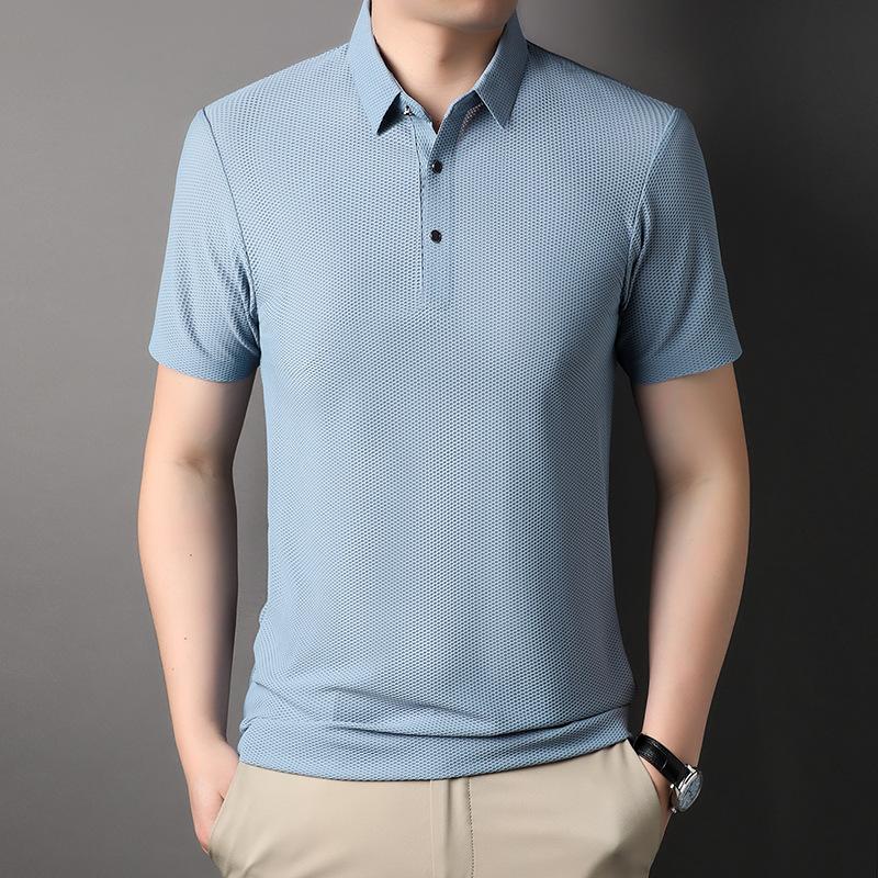 Męski T-shirt z krótkim rękawem z jedwabiu niemulberry Lato Nowy Styl Młody i w średnim wieku Kołnierzyk Bezszwowy T-shirt z krótkim rękawem Koszulka POLO Odzież męska