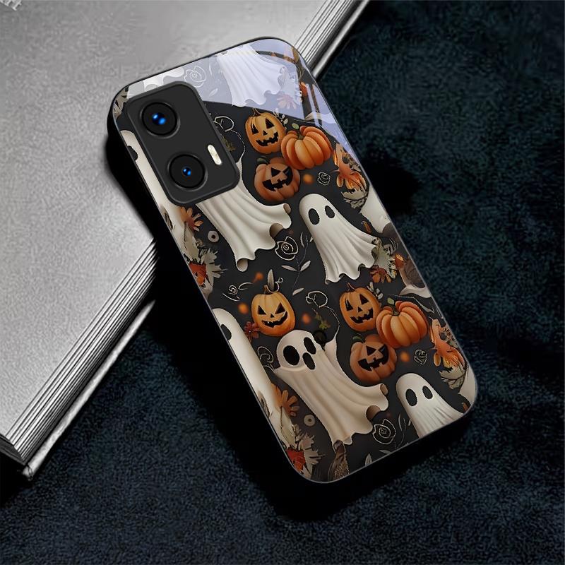 Halloween Ghost Art Black Glass Phone Case For Motorola Moto G14 G22 G24Power G24 G34 G35 G45 G54 55 G75 G84 85 Hard Black Cover