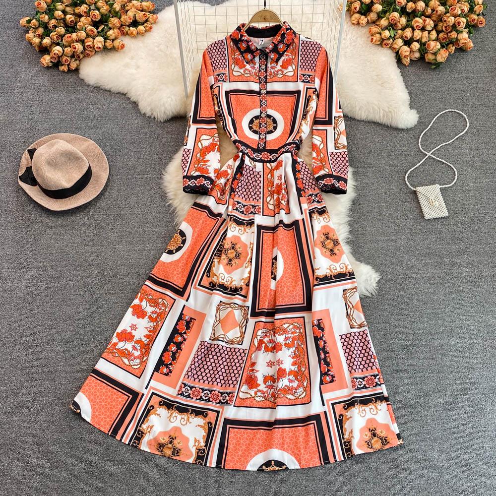 

RUGOD, весна 2022, новое ретро-платье с принтом знаменитостей, темперамент, большие качели, длинное платье с длинными рукавами и лацканами на талии