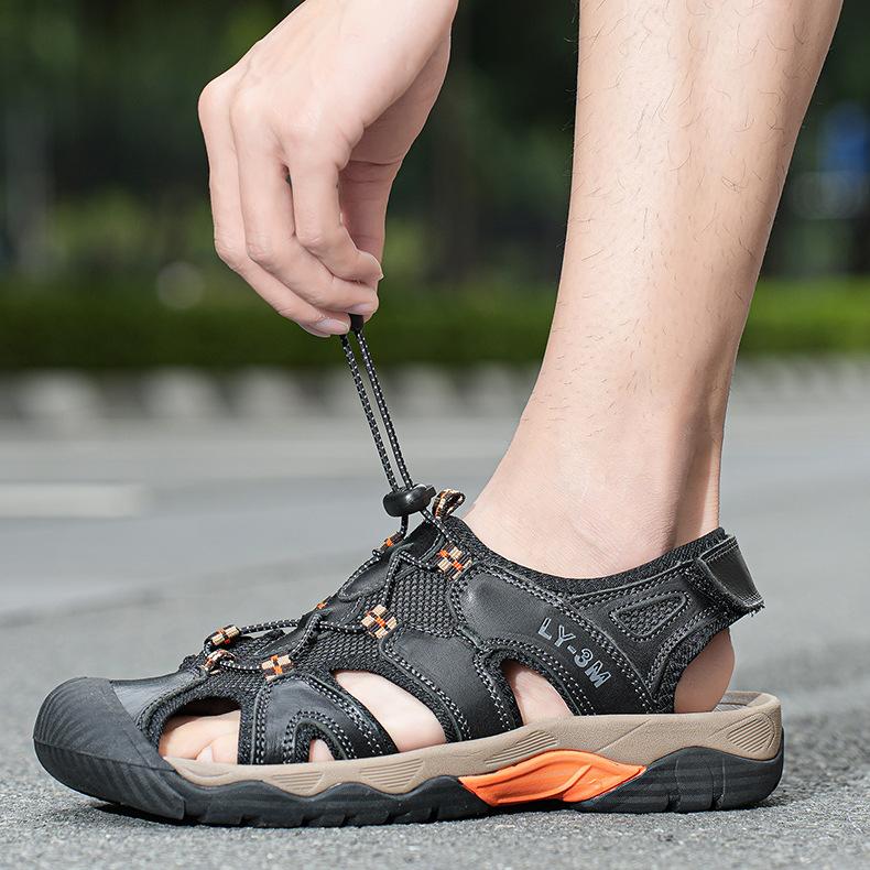 

Летние мужские прохладные тапочки большого размера, уличная пляжная обувь, сандалии с липучкой и закрытым носком, из натуральной кожи первого слоя, дышащие, повседневные 38