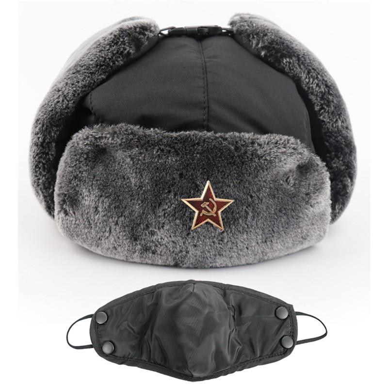 Winter Warm Military-Style Earflap Hat Men Women With Embroidered Soviet Emblem Windproof Outdoor Cap