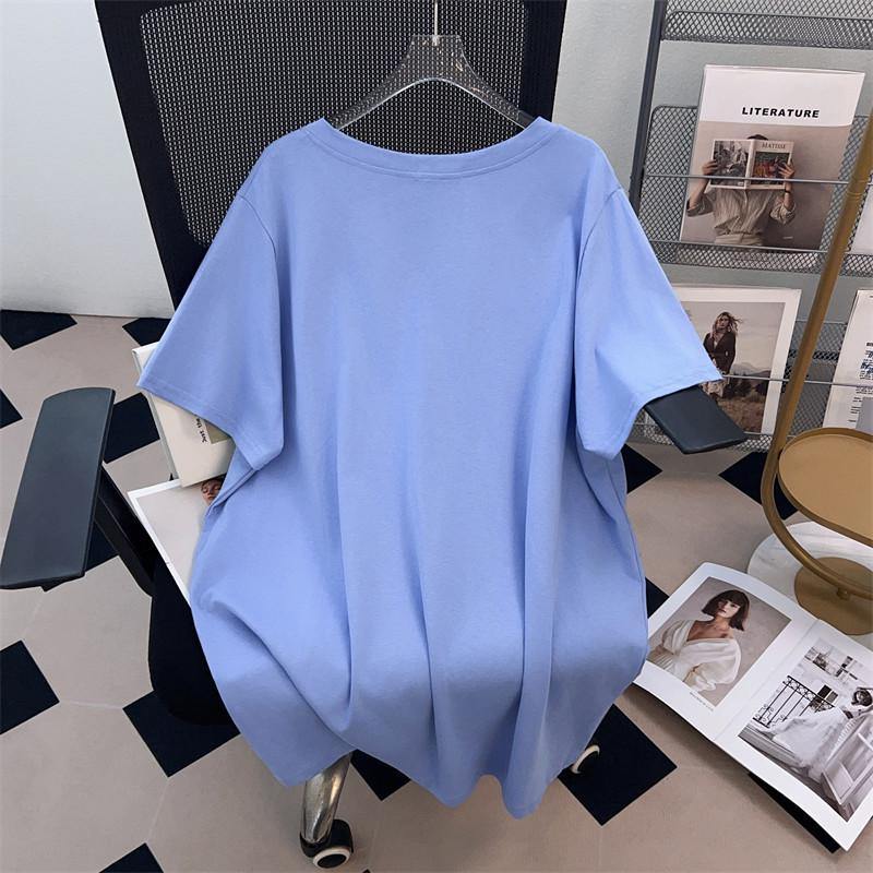 Plus Size V-Neck Slimming Mid-Length Loose T-Shirt for Women, Short-Sleeved, Covers Belly, Available In 200/300/350 Jin.